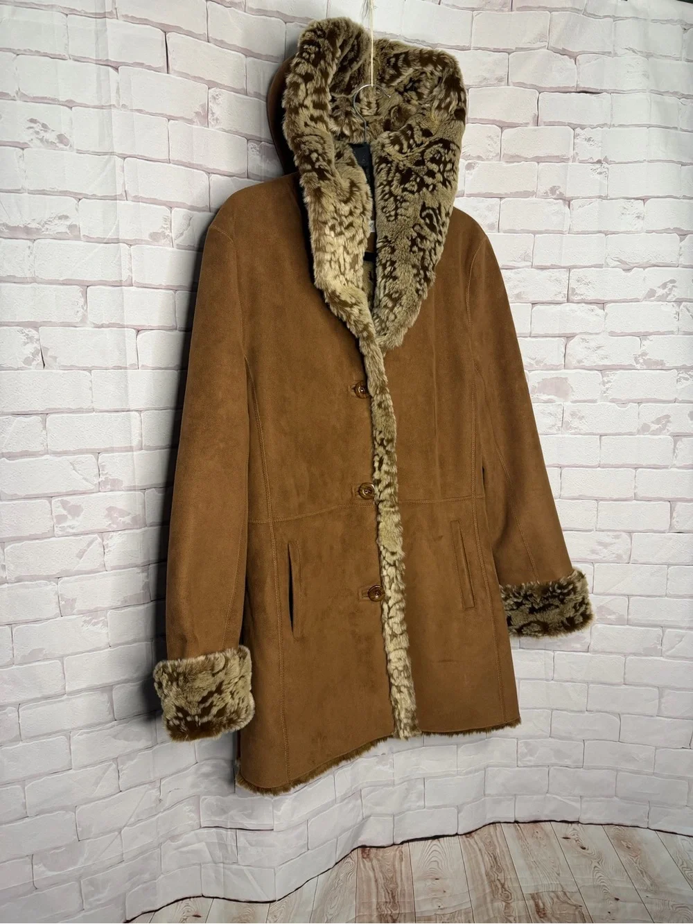 Coldwater Creek Faux Suede Leopard Faux‎ Fur Coat Jacket Medium